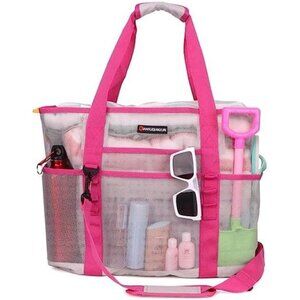 Mesh Beach Bag 40L Large with 9 Pockets Bag pink
